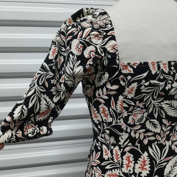 BCBGMAXAZRIA Dress Womens 0 Black White Floral Linen Blend Button Front Midi - Picture 6 of 10